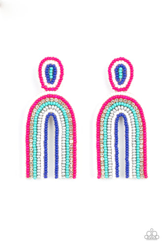 Infused with a single row of glassy white rhinestones, dainty strands of white, pink, turquoise, silver, and blue seed beads stack into a colorful rainbow at the bottom of a matching seed beaded fitting. Earring attaches to a standard post fitting.