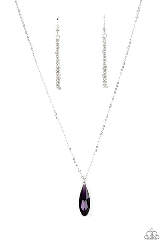 Encased in a sleek silver fitting, an elongated purple teardrop gem swings from the bottom of a classic silver chain below the collar for a timeless elegance. Features an adjustable clasp closure.