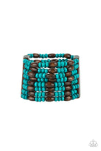 Load image into Gallery viewer, Held together with brown wooden rectangular frames, mismatched rows of oval brown and round blue wooden beads are threaded along stretchy bands around the wrist for a whimsically layered look.  Sold as one individual bracelet.
