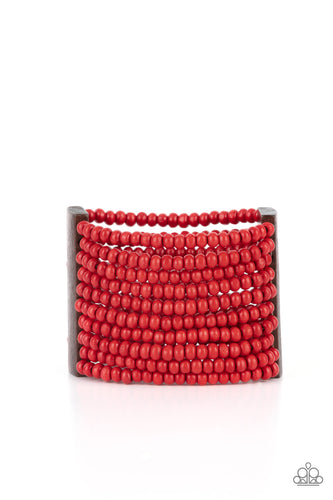 Held together with brown wooden rectangular frames, rows of fiery red wooden beads are threaded along stretchy bands around the wrist for a whimsically layered look.