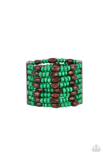 Held together with brown wooden rectangular frames, mismatched rows of oval brown and round green wooden beads are threaded along stretchy bands around the wrist for a whimsically layered look.