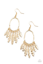 Load image into Gallery viewer, A tapered fringe of hammered gold oval frames swing from the bottom of a hammered oval hoop, creating a musical fringe. Earring attaches to a standard fishhook fitting
