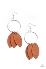 Load image into Gallery viewer, Leafy Adobe leather frames swing from the bottom of a textured silver hoop, creating an earthy fringe. Earring attaches to a standard fishhook fitting.
