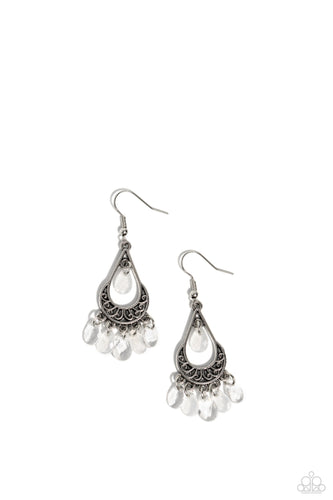 Glassy white teardrop beads swing from the top and bottom of a silver half moon frame embossed in whimsical filigree, creating a flirty fringe. Earring attaches to a standard fishhook fitting.