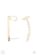 Load image into Gallery viewer, A dainty row of glassy white rhinestones are encrusted along a glistening gold bar that swoops up the ear for a sparkly style. Features a dainty cuff attached to the top for a secure fit.  Sold as one pair of ear crawlers.
