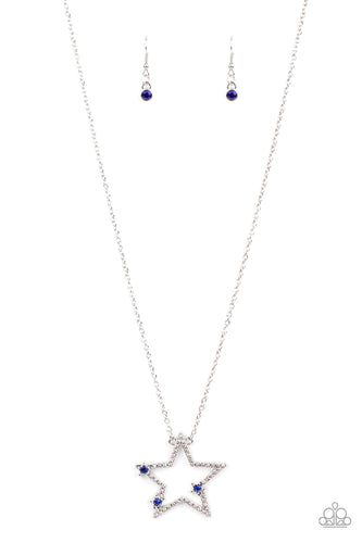 Dotted with glassy blue rhinestone centers, a dainty trio of silver stars haphazardly dots the front of a white rhinestone encrusted silver star pendant for a stellar patriotic look. Features an adjustable clasp closure. 