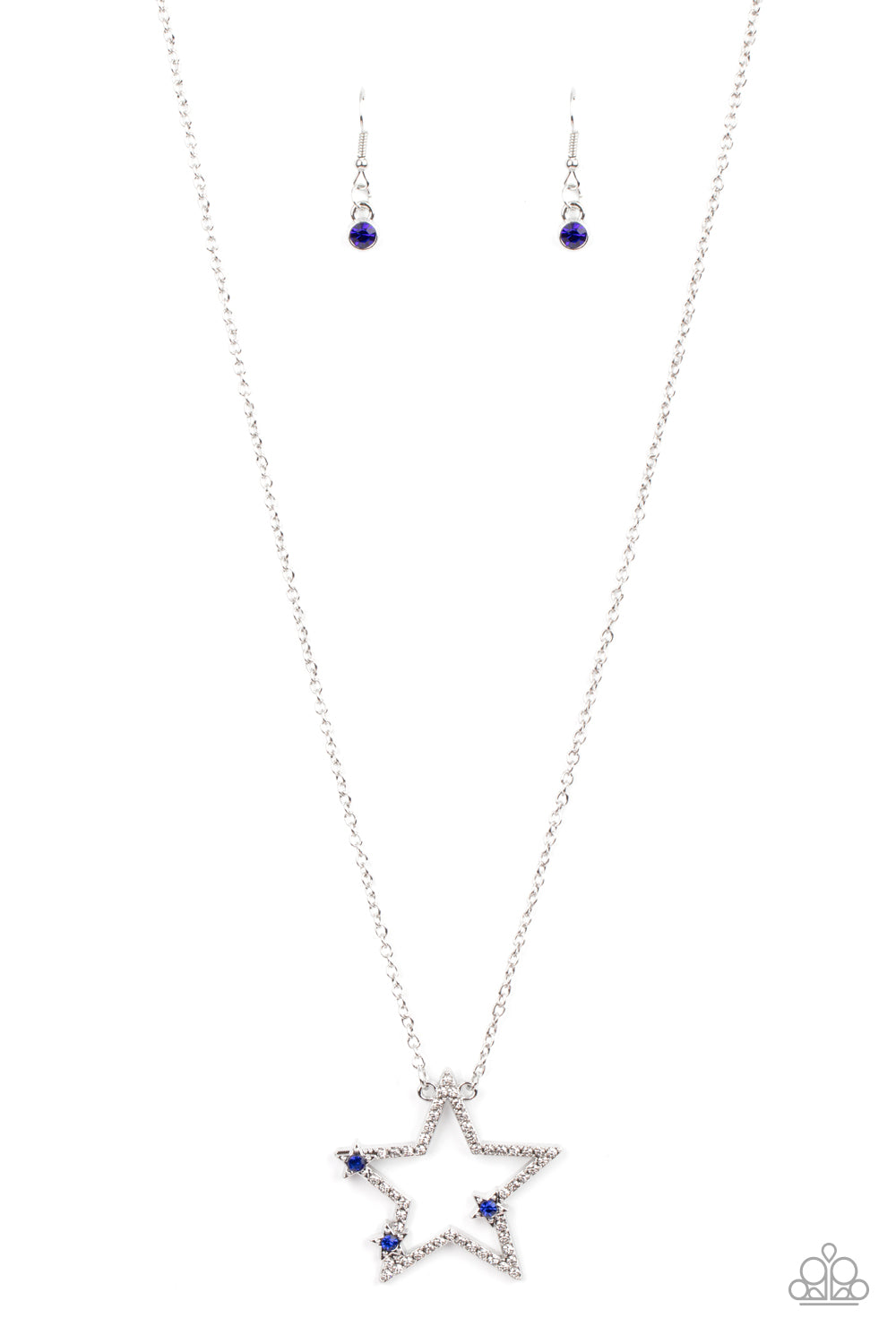 Dotted with glassy blue rhinestone centers, a dainty trio of silver stars haphazardly dots the front of a white rhinestone encrusted silver star pendant for a stellar patriotic look. Features an adjustable clasp closure. 