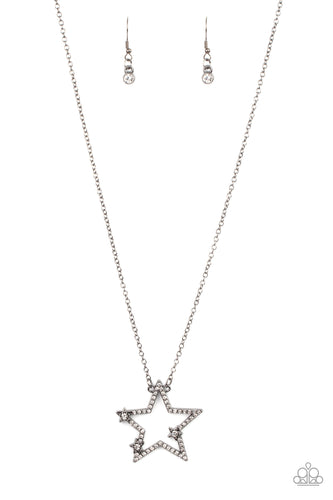 Dotted with glassy white rhinestone centers, a dainty trio of gunmetal stars haphazardly dots the front of a white rhinestone encrusted gunmetal star pendant for a stellar patriotic look. Features an adjustable clasp closure.