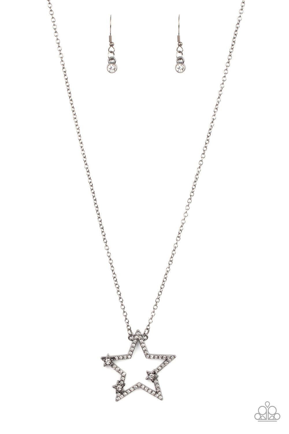 Dotted with glassy white rhinestone centers, a dainty trio of gunmetal stars haphazardly dots the front of a white rhinestone encrusted gunmetal star pendant for a stellar patriotic look. Features an adjustable clasp closure.