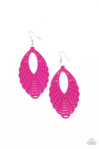 Painted in a vibrant pink finish, a wooden marquise-shaped frame features a mandala-inspired cut-out design creating a dreamy lure that calls to the wanderlust adventure seeker. Earring attaches to a standard fishhook fitting. 