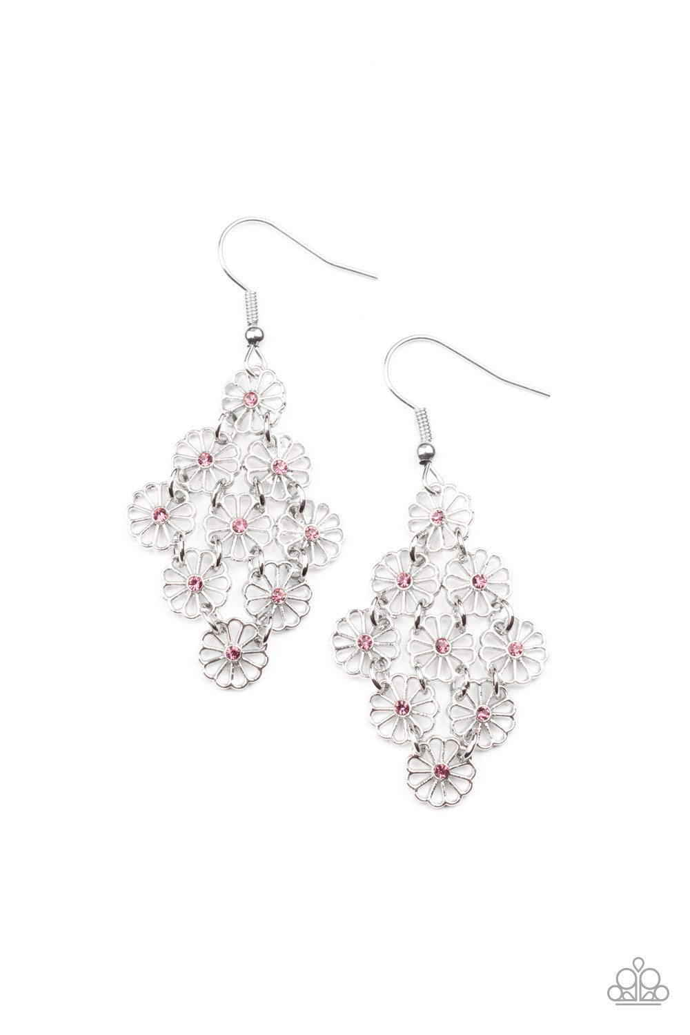 Dotted with dainty purple rhinestone centers, an airy collection of stenciled silver flowers link into a whimsical floral lure. Earring attaches to a standard fishhook fitting.