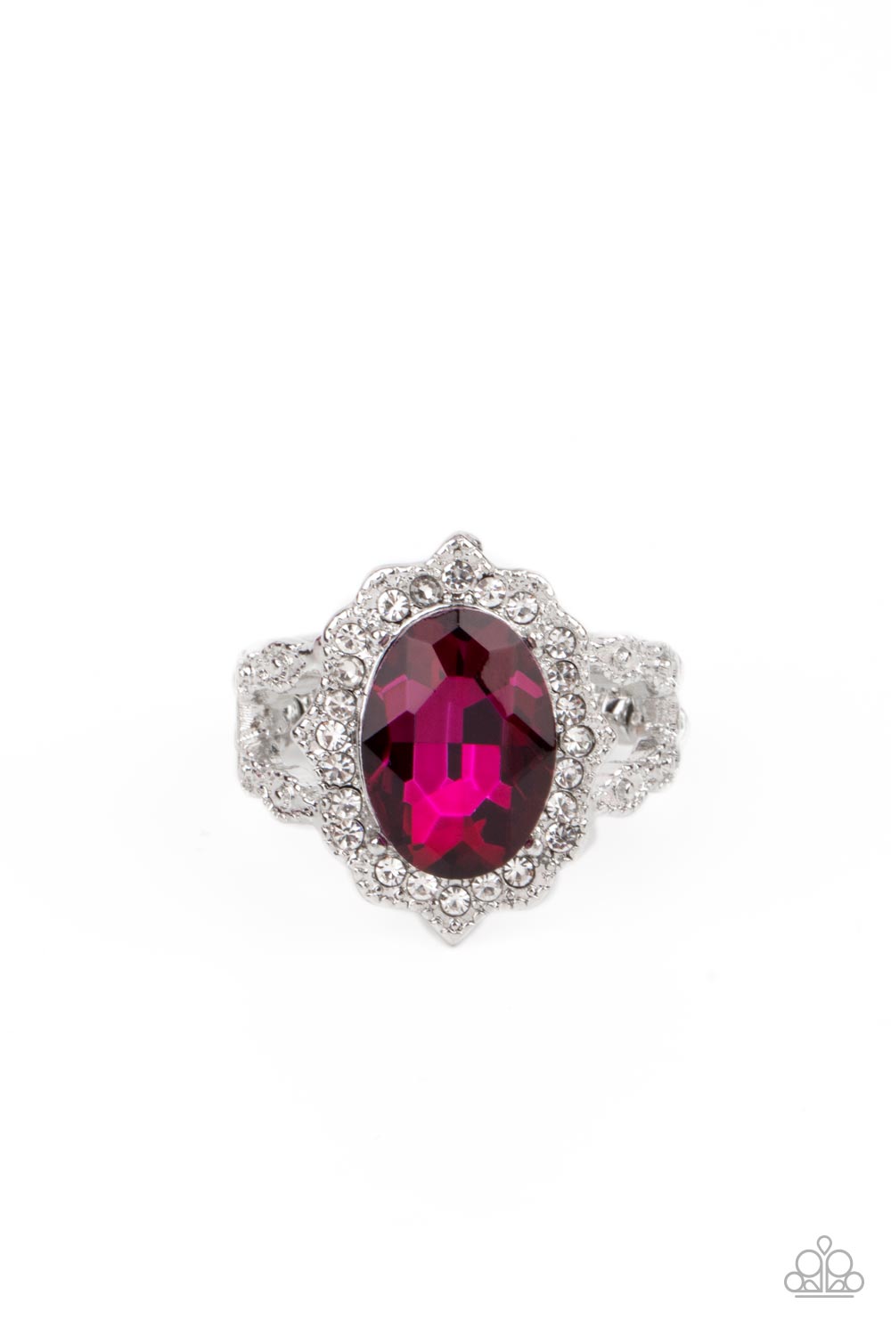 Dotted in dainty white rhinestones, a scalloped silver frame gathers around an oversized pink gem atop ornately studded silver bands for a glitzy look. Features a dainty stretchy band for a flexible fit.