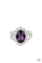 Load image into Gallery viewer, Dotted in dainty white rhinestones, a scalloped silver frame gathers around an oversized purple gem atop ornately studded silver bands for a glitzy look. Features a dainty stretchy band for a flexible fit.
