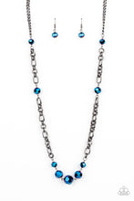 Load image into Gallery viewer, Featuring an oil spill iridescence, faceted metallic blue beads adorn sections of chunky gunmetal chains across the chest for a gritty glamorous fashion. Features an adjustable clasp closure.
