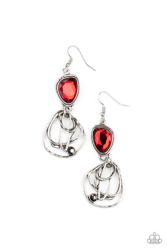 Encased in a stacked silver frame, an asymmetrical red gem gives way to a dizzyingly abstract silver frame dotted with a single hematite rhinestone for an edgy finish. Earring attaches to a standard fishhook fitting.