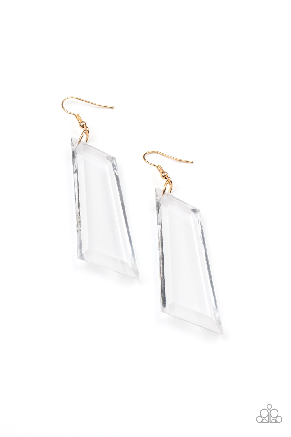 Featuring a flashy emerald-like cut, an asymmetrical crystal-like acrylic frame swings from the ear, casting rainbow reflections with its glassy exterior. Earring attaches to a standard fishhook fitting.