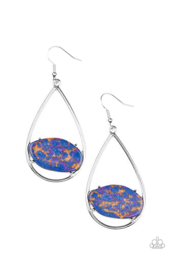 Featuring a colorful terrazzo-like finish, an earthy oval stone is nestled inside the bottom of an airy silver teardrop for a modern look. Earring attaches to a standard fishhook fitting.