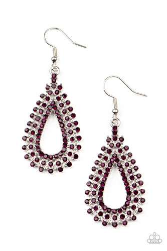 Glittery rows of purple rhinestones stack into a solitaire sparkly teardrop frame for a glamorous fashion. Earring attaches to a standard fishhook fitting.
