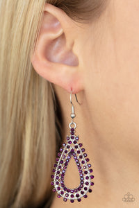 Glittery rows of purple rhinestones stack into a solitaire sparkly teardrop frame for a glamorous fashion. Earring attaches to a standard fishhook fitting.