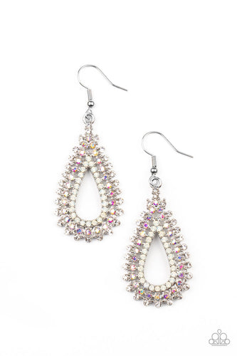 Glittery rows of white, iridescent, and opal rhinestones stack into a solitaire sparkly teardrop frame for a glamorous fashion. Earring attaches to a standard fishhook fitting.