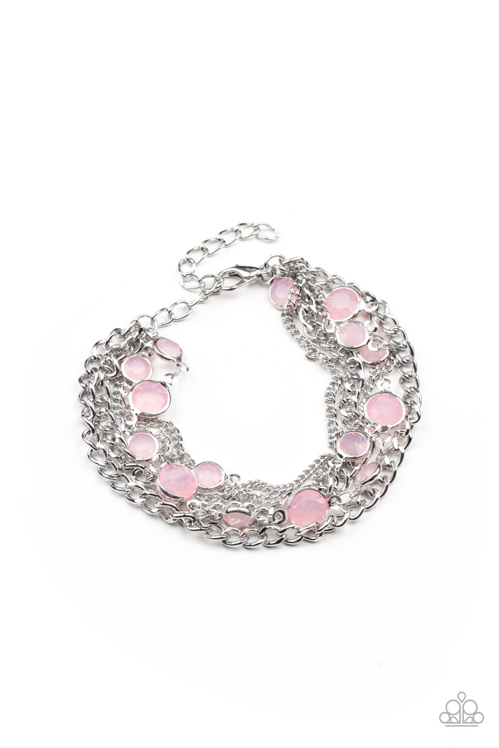 Infused with glassy Pale Rosette beaded strands, layers of mismatched silver chains drape around the wrist for an ethereal pop of color. Features an adjustable clasp closure. 