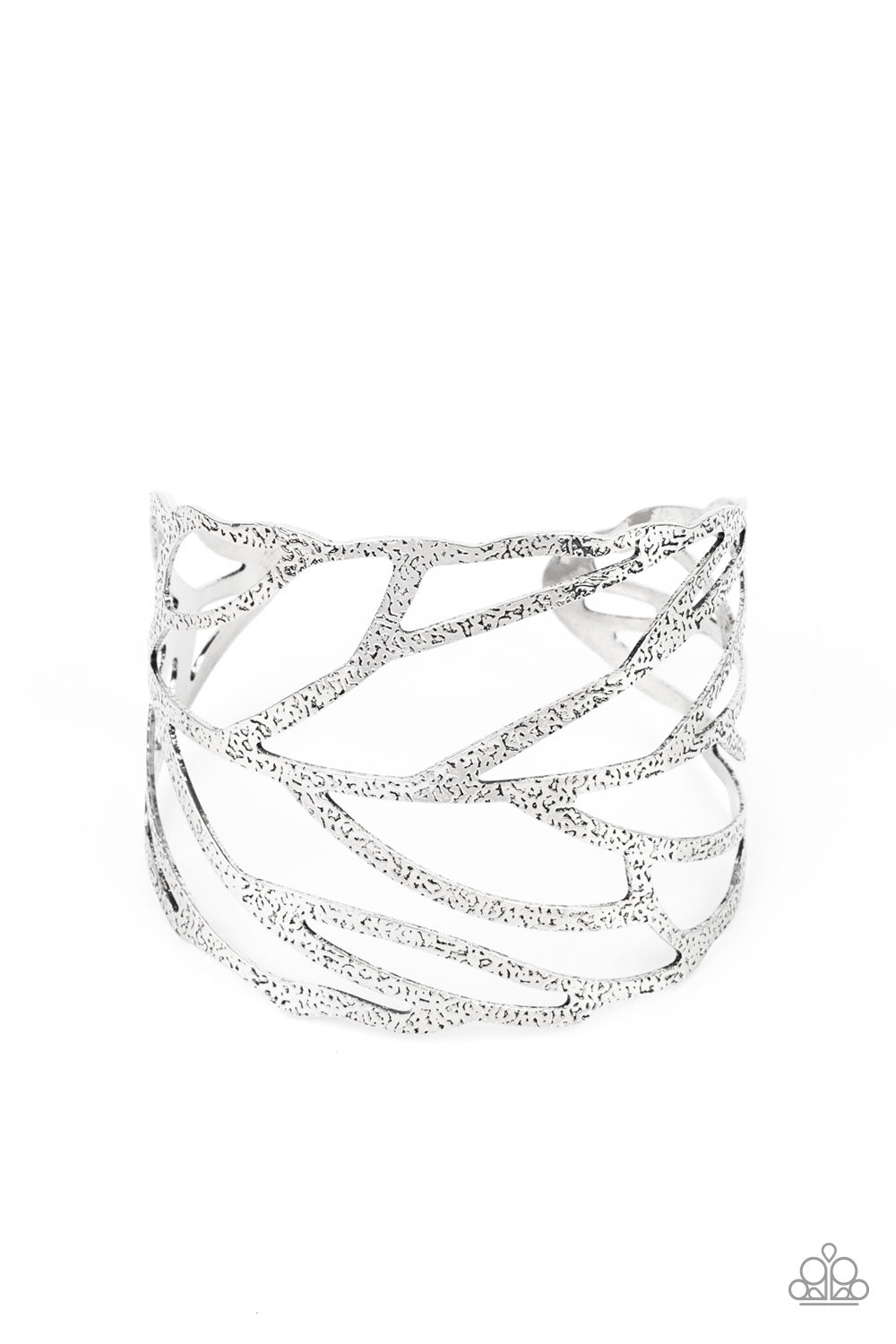 Hammered in rustic details, an airy silver feather wraps around the wrist, creating a seasonal cuff.