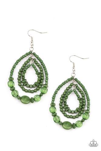 Varying in size and shape, mismatched green stone, seed bead, crystal-like, and faux stone beads are threaded along three dainty wires that connect into a colorful teardrop lure. Earring attaches to a standard fishhook fitting.