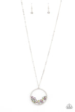 Load image into Gallery viewer, A cluster of metallic flecked and iridescent crystal-like beads are threaded along dainty silver wire along the bottom of a textured silver hoop, creating a stellar pendant at the bottom of a lengthened silver chain. Features an adjustable clasp closure.
