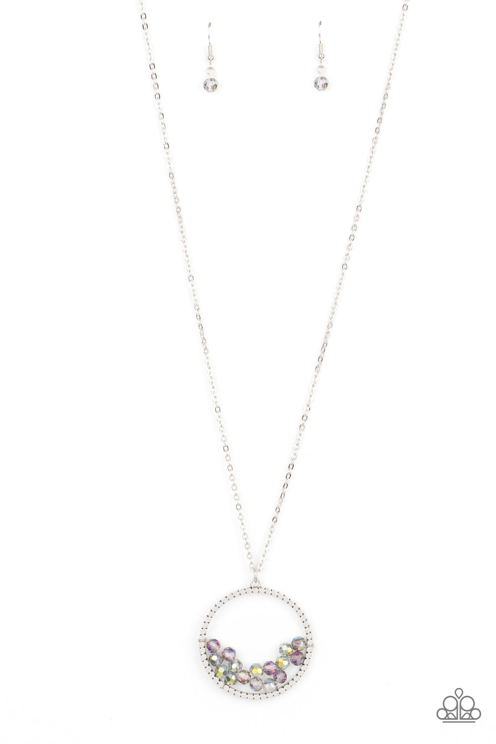 A cluster of metallic flecked and iridescent crystal-like beads are threaded along dainty silver wire along the bottom of a textured silver hoop, creating a stellar pendant at the bottom of a lengthened silver chain. Features an adjustable clasp closure.