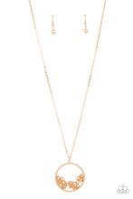 Load image into Gallery viewer, A cluster of iridescently golden crystal-like beads are threaded along dainty gold wire along the bottom of a textured gold hoop, creating a stellar pendant at the bottom of a lengthened gold chain. Features an adjustable clasp closure.
