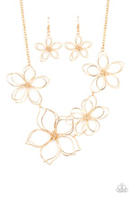 Load image into Gallery viewer, Shiny gold wire delicately twists into oversized blossoms. Varying in size, the airy floral frames delicately link into an asymmetrical display as the layered frames elegantly pop beneath the collar. Features an adjustable clasp closure. 
