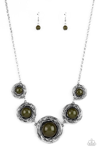Gradually increasing in size, a bubbly collection of oversized Olive Branch beads adorn the centers of folds of silver buds below the collar for a seasonal fashion. Features an adjustable clasp closure.