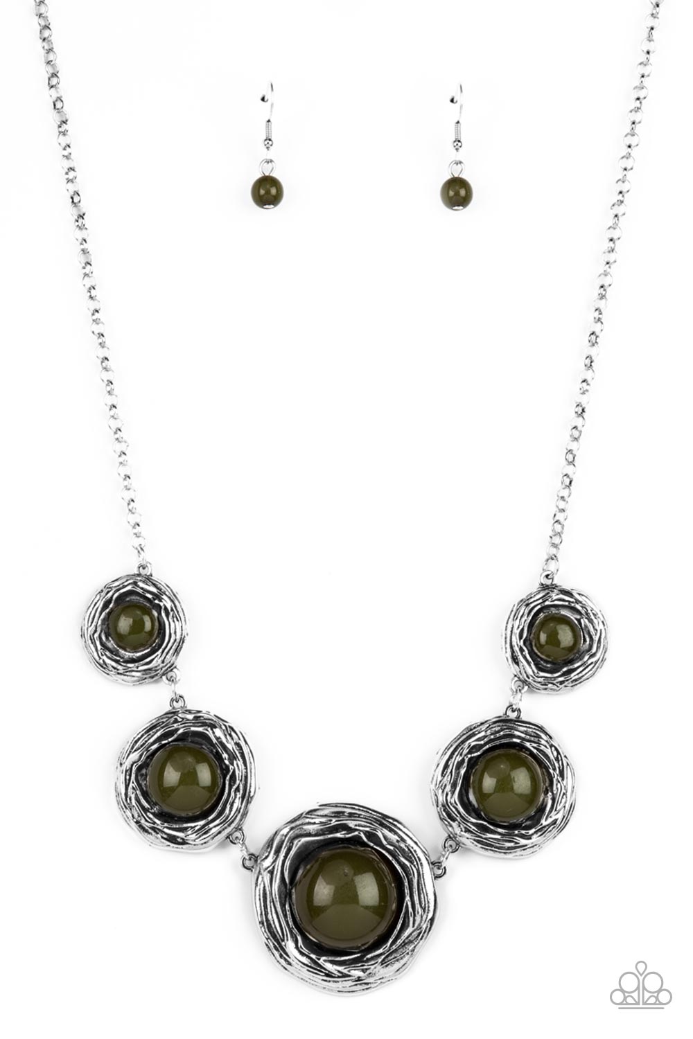 Gradually increasing in size, a bubbly collection of oversized Olive Branch beads adorn the centers of folds of silver buds below the collar for a seasonal fashion. Features an adjustable clasp closure.
