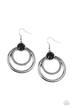 Load image into Gallery viewer, Smooth and textured silver hoops connect to the bottom of a silver fitting embellished in glitzy oil spill and hematite rhinestones, creating a dizzying lure. Earring attaches to a standard fishhook fitting.
