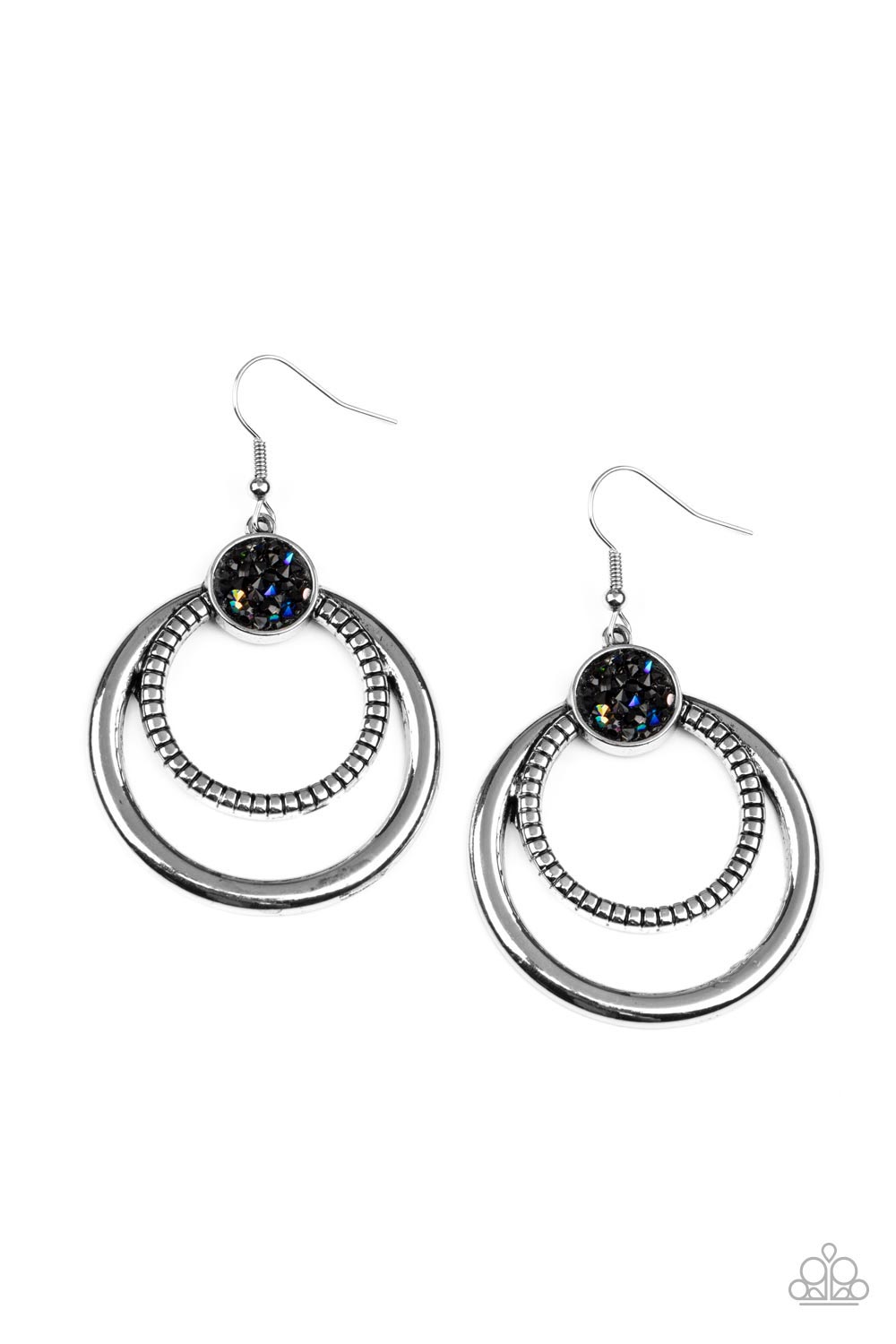 Smooth and textured silver hoops connect to the bottom of a silver fitting embellished in glitzy oil spill and hematite rhinestones, creating a dizzying lure. Earring attaches to a standard fishhook fitting.