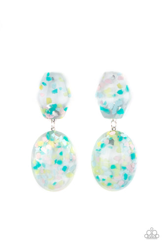 Featuring multicolored confetti-like flakes, a clear acrylic oval frame swings from the bottom of a matching hexagonal frame, creating a bubbly lure. Earring attaches to a standard post fitting.