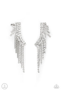 A tapered fringe of dainty silver chains and glittery strands of white rhinestones cascades from the edge of a curving white rhinestone encrusted frame, creating an edgy centerpiece. Features a clip-on fitting at the top for a secure fit.