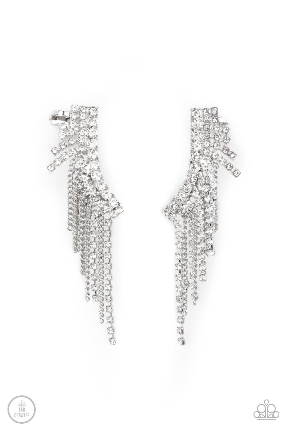A tapered fringe of dainty silver chains and glittery strands of white rhinestones cascades from the edge of a curving white rhinestone encrusted frame, creating an edgy centerpiece. Features a clip-on fitting at the top for a secure fit.