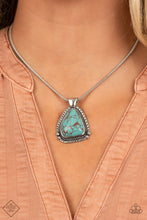 Load image into Gallery viewer, Featuring a studded and textured silver frame, an asymmetrical turquoise stone pendant glides along a rounded silver snake chain below the collar for an authentically artisan-inspired fashion. Features an adjustable clasp closure.  Sold as one individual necklace. Includes one pair of matching earrings.
