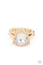 Load image into Gallery viewer, An oversized trilliant cut white rhinestone encased in a sparkling rhinestone-encrusted gold frame steals the spotlight and creates an eye-catching stunner atop the finger. Features a dainty stretchy band for a flexible fit. &lt;/P&gt;  &lt;br&gt;Featured inside The Preview at GLOW! 
