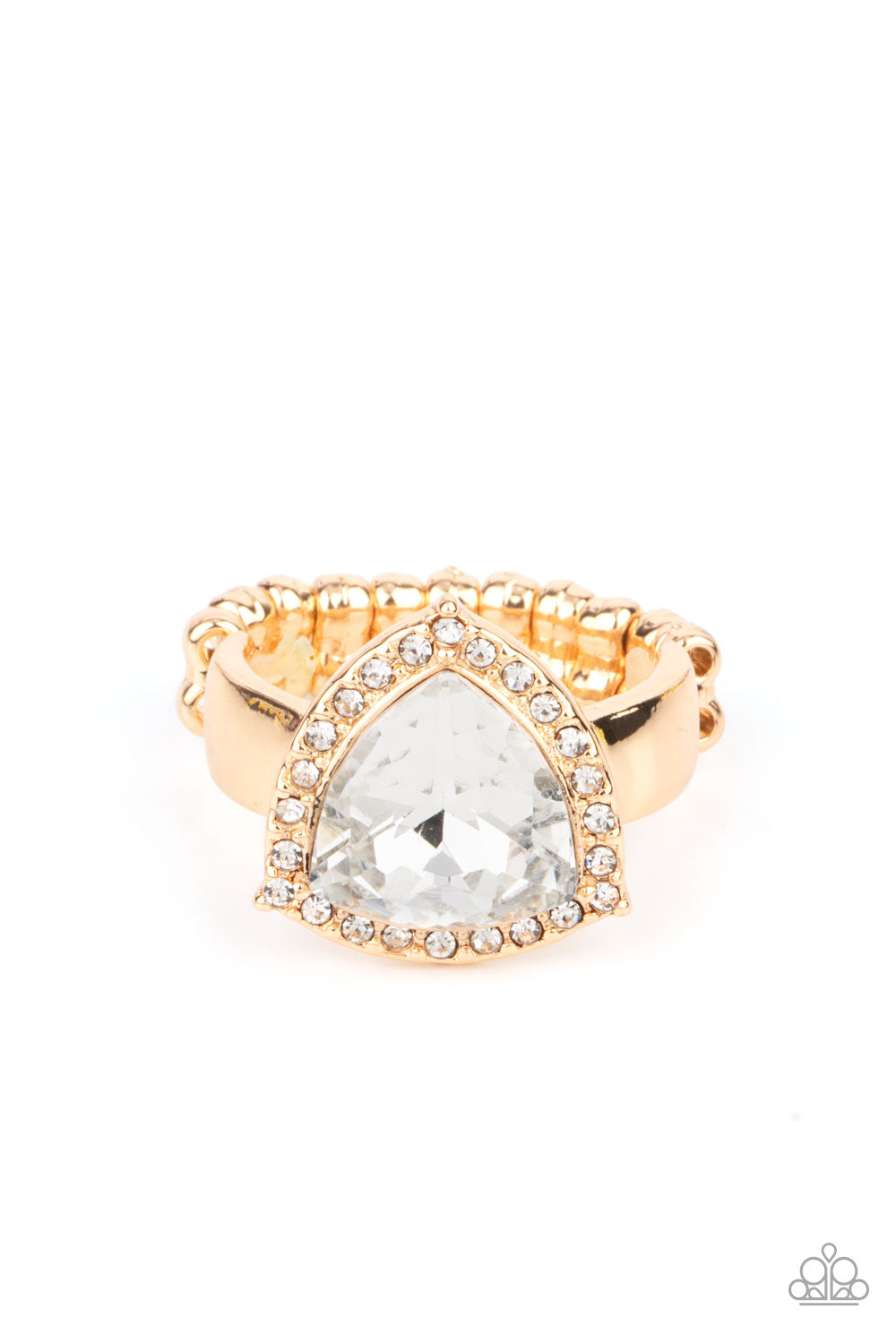 An oversized trilliant cut white rhinestone encased in a sparkling rhinestone-encrusted gold frame steals the spotlight and creates an eye-catching stunner atop the finger. Features a dainty stretchy band for a flexible fit. </P>  <br>Featured inside The Preview at GLOW! 