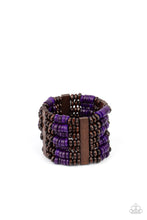 Load image into Gallery viewer, Held together by rectangular wooden frames, rows of brown wooden and distressed purple discs are threaded along stretchy bands around the wrist for a seasonal pop of color around the wrist.
