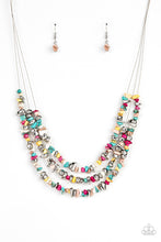 Load image into Gallery viewer, An earthy collection of raw cut silver and multicolored pebbles are threaded along dainty wires below the collar, creating refreshing layers. Features an adjustable clasp closure.
