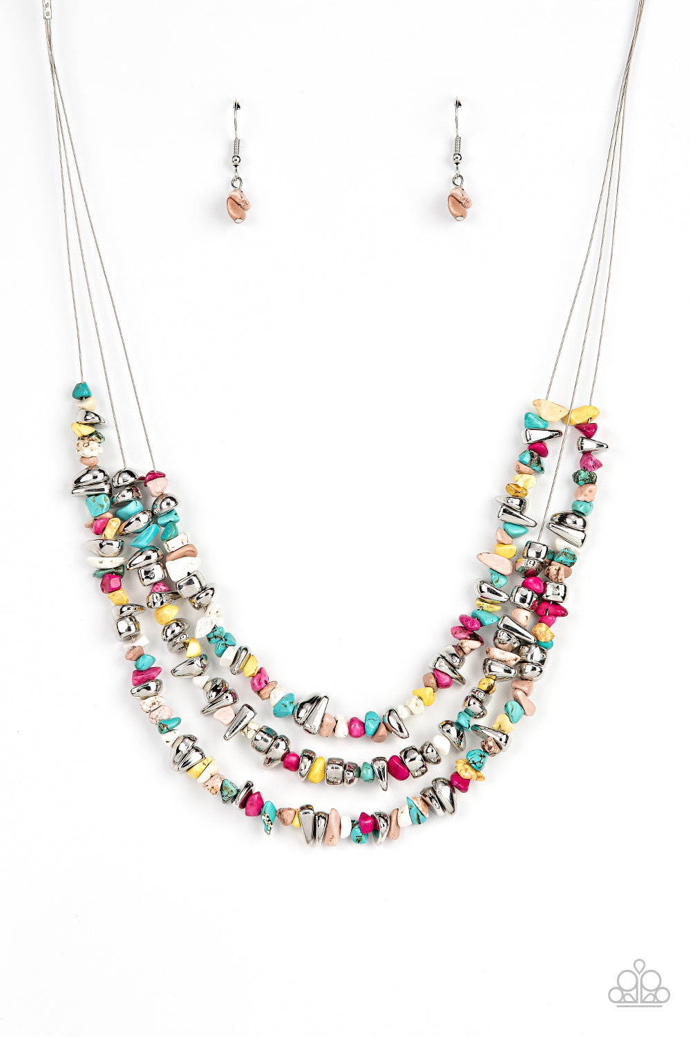 An earthy collection of raw cut silver and multicolored pebbles are threaded along dainty wires below the collar, creating refreshing layers. Features an adjustable clasp closure.