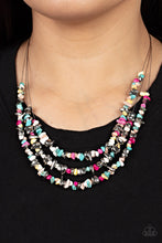 Load image into Gallery viewer, An earthy collection of raw cut silver and multicolored pebbles are threaded along dainty wires below the collar, creating refreshing layers. Features an adjustable clasp closure.
