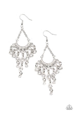 Load image into Gallery viewer, Two rows of sparkly white rhinestones fan out from the bottom of two dainty silver chains. Twinkly tassels of white rhinestones stream out from the bottom of the glimmering frame, creating a timeless chandelier. Earring attaches to a standard fishhook fitting.
