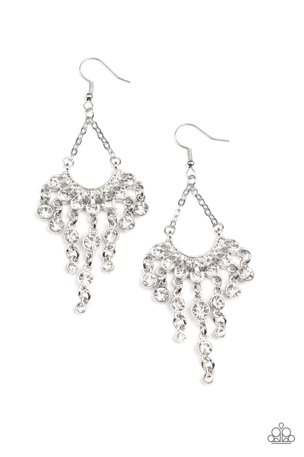 Two rows of sparkly white rhinestones fan out from the bottom of two dainty silver chains. Twinkly tassels of white rhinestones stream out from the bottom of the glimmering frame, creating a timeless chandelier. Earring attaches to a standard fishhook fitting.