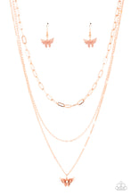 Load image into Gallery viewer, Dotted with a dainty white rhinestone, a decoratively layered shiny copper butterfly swings from the bottom of a display of mismatched shiny copper chains for a whimsically fluttering fashion. Features an adjustable clasp closure. 
