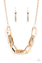 Load image into Gallery viewer, Brushed in an antiqued shimmer, pairs of oversized oval gold links dramatically connect into a gritty chain below the collar for a bold industrial look. Features an adjustable clasp closure. 
