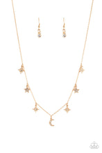 Load image into Gallery viewer, Dotted with dainty white rhinestones, a stellar collection of gold moon and star charms swing from a dainty gold chain below the collar, creating a cosmic fringe. Features an adjustable clasp closure. 
